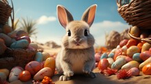 Cute Bunny Sitting In Basket With Colorful Easter Eggs On Sandy Beach.