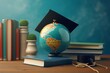 Education to learn study in world. Graduated student studying abroad international idea. Master degree hat on top globe book. Concept of graduate educational for long distance learning anywhere anytim