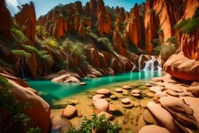 Canyon Of Fairy Stream. Gorgeous, Picturesque Setting Featuring A Crimson River, Sand Dunes, And A Jungle. Scenery Of A Tropical Oasis