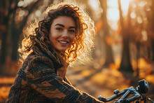  Young Pensive Dreamful Happy Woman 20s Wearing Casual Green Jacket Jeans Riding Bicycle Bike On Sidewalk In City Spring Park Outdoors, Look Aside People Active Urban Healthy Lifestyle Cycling Concept