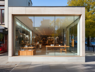 Modern storefront with clear glass windows on a sunny street. Retail design. Generative AI