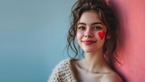 Fototapeta  - Close-up photo of a beautiful young woman with a red heart on her cheek and pink wall in the background. Valentine's Day concept.