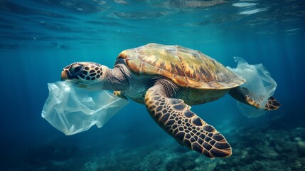 Wall Mural - Environmental issue of plastic pollution problem. Sea Turtles can eat plastic bags mistaking them for jellyfish Sea turtle trapped in a plastic bag, Stop ocean plastic pollution concept