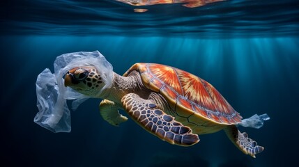 Wall Mural - Environmental issue of plastic pollution problem. Sea Turtles can eat plastic bags mistaking them for jellyfish Sea turtle trapped in a plastic bag, Stop ocean plastic pollution concept