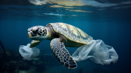 Wall Mural - Environmental issue of plastic pollution problem. Sea Turtles can eat plastic bags mistaking them for jellyfish Sea turtle trapped in a plastic bag, Stop ocean plastic pollution concept