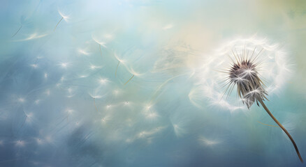 nature's fragility delicate dandelion with seeds dispersing in a soft, dreamy blue background