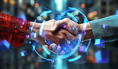Poster - People handshake, earth globe and digital world. Ai generative illustration