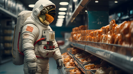 an astronaut is doing shopping in a supermarket