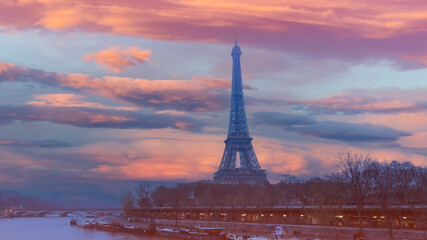 Wall Mural - Banner of travel in Paris with Eiffel Tower iconic Paris landmark across the River Seine with  tourist boat in  Autumn tree fall scene at Paris ,France