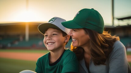 parent and child, american woman with his son. mother and son are smiling at baseball stadium.