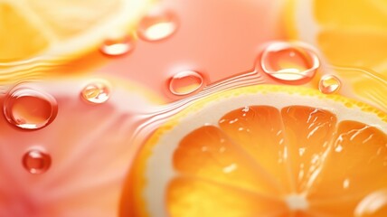 Wall Mural - The close up of a glossy liquid surface abstract in tangerine orange and lemon yellow colors with a soft focus. 3D illustration of exuberant. generative AI