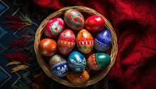 Top View Of Easter Eggs On A Wicker Basket