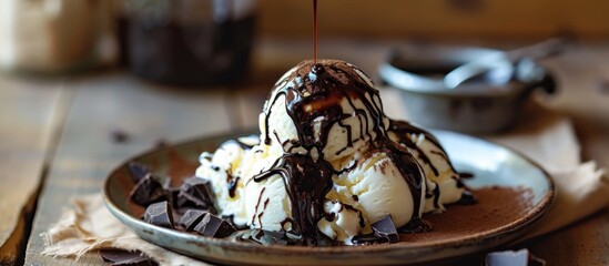 Poster - Chocolate syrup drizzling onto vanilla ice cream