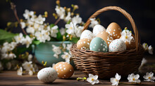 Brown Wicker Basket Full Of Easter Eggs And White Flowers In Background
