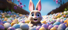 Happy Easter Colorful Banner With Cute Cartoon Bunny Rabbit And A Lots Of Eggs