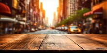 The Empty Wooden Table Top With Blur Background Of NYC Street. Exuberant Image. Generative AI