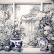 sketch of plant and room with chinoiserie style decor including blue vase