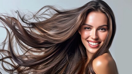 Wall Mural - smiling brunette woman with long floating hair - image banner for a cosmetic store