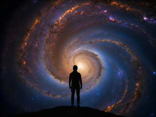 Wall Mural - A silhouette of a person against the backdrop of a spiral galaxy, highlighting the infinitesimal scale of humanity in the vastness of the universe