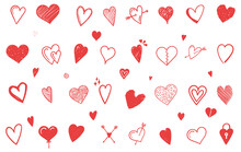 Set Of Red Hand Drawn Hearts, Design Elements For Valentine's Day, Wedding And Other Events