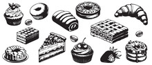Vector sketch icons illustration set of desserts and bakery products. Vintage style drawing isolated on white background.