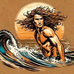 Wall Mural - illustration of a handsome young surfer man with long blonde hair in the ocean