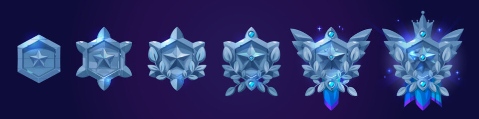 Poster - Hexagon shape badge with star, various stages of decorations evolution for game level rank ui design. Cartoon vector illustration set metal trophy medal or emblem with gemstones and drapery progress.