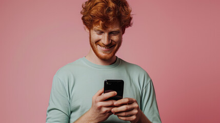 Wall Mural - A handsome redhead man is looking at a smartphone screen. Pink monochrome studio background.