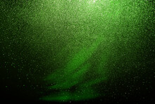 Green Black Glitter Texture Abstract Banner Background With Space. Twinkling Glow Stars Effect. Like Outer Space, Night Sky, Universe. Rusty, Rough Surface, Grain.