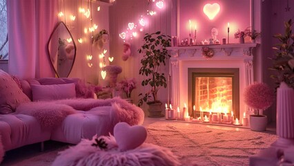 Wall Mural - Romantic Valnetine's Day living room interior with fireplace and fire, glowing hearts decoration, 4k loop