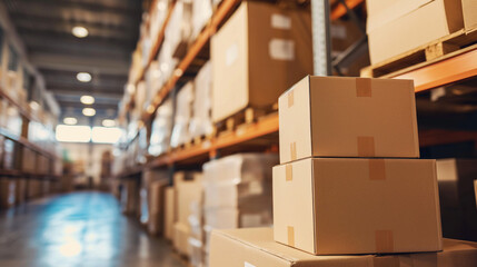 Shipping boxes inside a warehouse. Freight ready to be shipped.