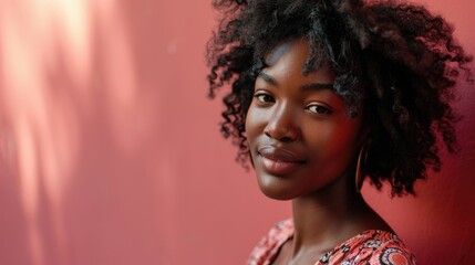 Wall Mural - Street style portrait of Beautiful african american woman with curly hair on pink background