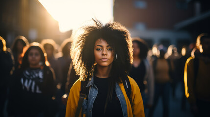 Portrait of a black woman marching in protest with a group of people in city street