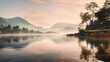 Dawn's Soft Hues Reflected in Calm Lakeside Waters with Mountains