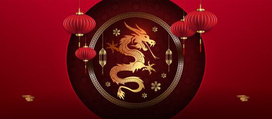 Wall Mural - Chinese New Year. Magnificent illustration, round frame with a dragon and air lanterns.