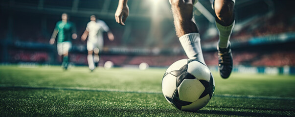 A close up professional footballers foot with football ball.