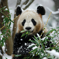 Wall Mural - Giant pandas eat bamboo on snowy days