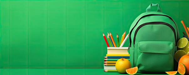 Green school bag with school acessories on green background. banner.