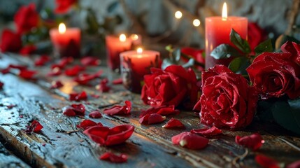 Poster - valentine background wallpaper, hearts, candles, red roses, copyspace 