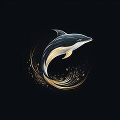 Wall Mural - minimalistic round logo emblem symbol with a dolphin on black background