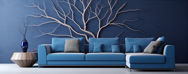 Poster - Pastel blue colored sofa against blue wall in living room interior.