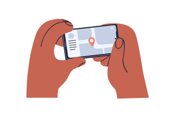 Poster - Mobile phone screen with map app. Hands holding smartphone with GPS and navigation application, searching location, position, pin pointer. Flat vector illustration isolated on white background