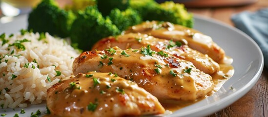 Wall Mural - Chicken with mustard sauce, rice, and broccoli plated.