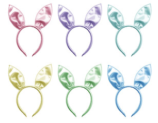 Set of satin silk pastel pink purple blue green yellow bunny rabbit hare ears headband headgear on transparent background cutout, PNG file. Many different colours. Mockup template for artwork design
