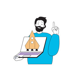 Leinwandbilder - Education concept with cartoon people in flat design for web. Student learning at professional trainings and launches startup business. Vector illustration for social media banner, marketing material.