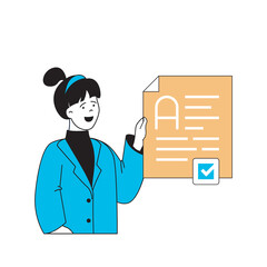 Fototapete - Education concept with cartoon people in flat design for web. Student takes exam and received highest grade of academic performance. Vector illustration for social media banner, marketing material.