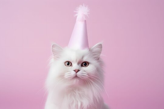 White cat wearing birthday hat. Pink background. Happy Birthday concept for party, celebration. Funny pet for design, greeting card, invitation, banner, poster