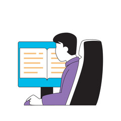 Fototapete - Education concept with cartoon people in flat design for web. Student reading e-book at computer screen, preparing to exam online. Vector illustration for social media banner, marketing material.