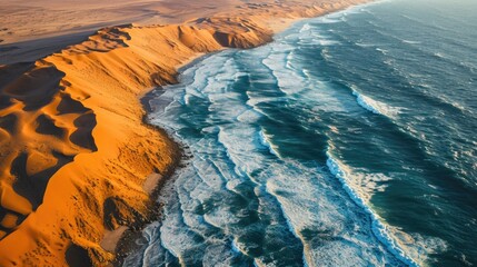 Aerial Photography, aerial view of the Namib Desert meeting the Atlantic Ocean, dramatic interplay of land and sea, orange sands against deep blue ocean, natural boundary