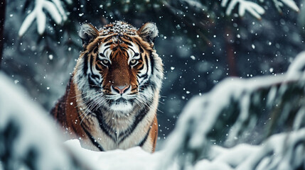 Wall Mural - Portrait of a tiger in the snow